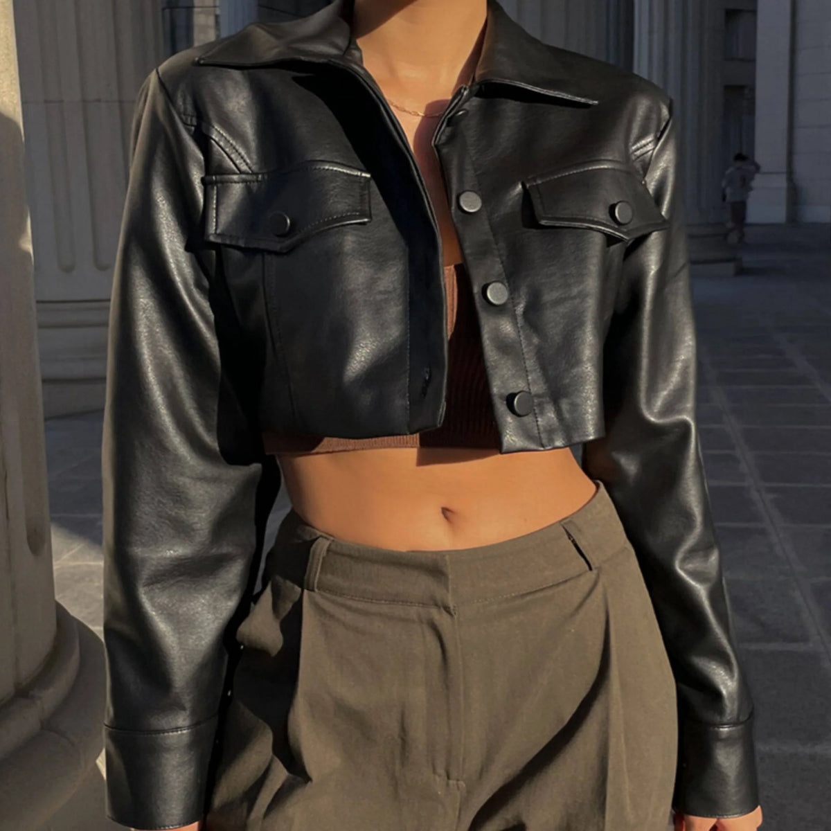 Cropped PU Leather Biker Jacket