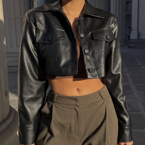 Cropped PU Leather Biker Jacket