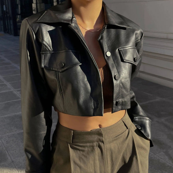 Cropped PU Leather Biker Jacket
