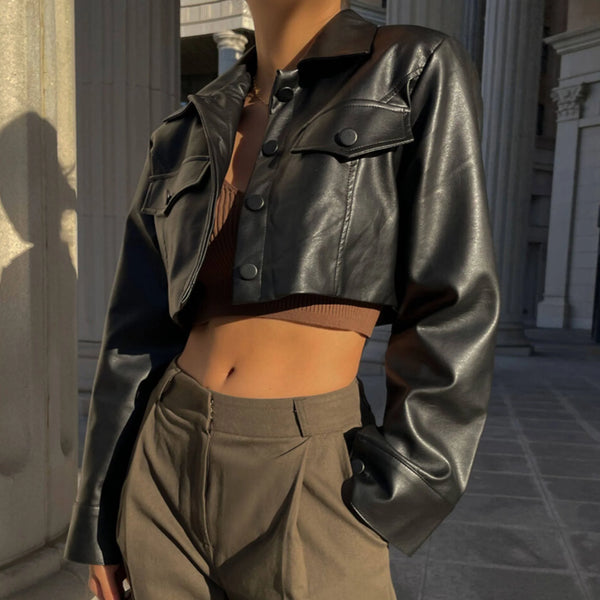 Cropped PU Leather Biker Jacket