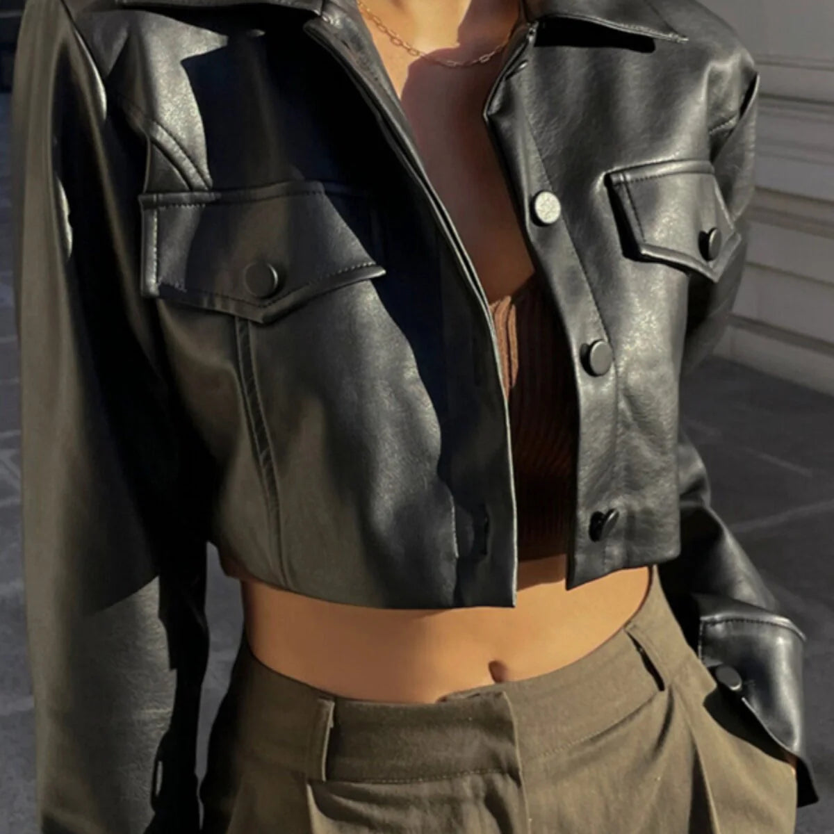 Cropped PU Leather Biker Jacket