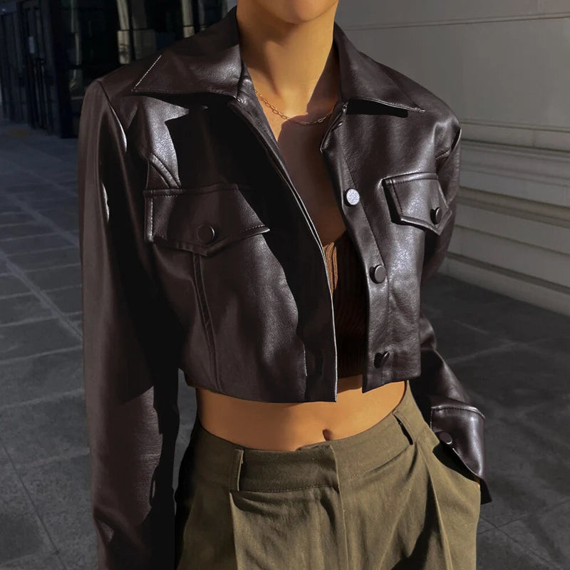 Cropped PU Leather Biker Jacket