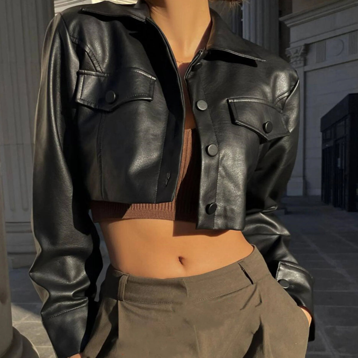 Cropped PU Leather Biker Jacket