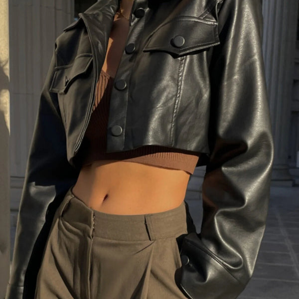 Cropped PU Leather Biker Jacket
