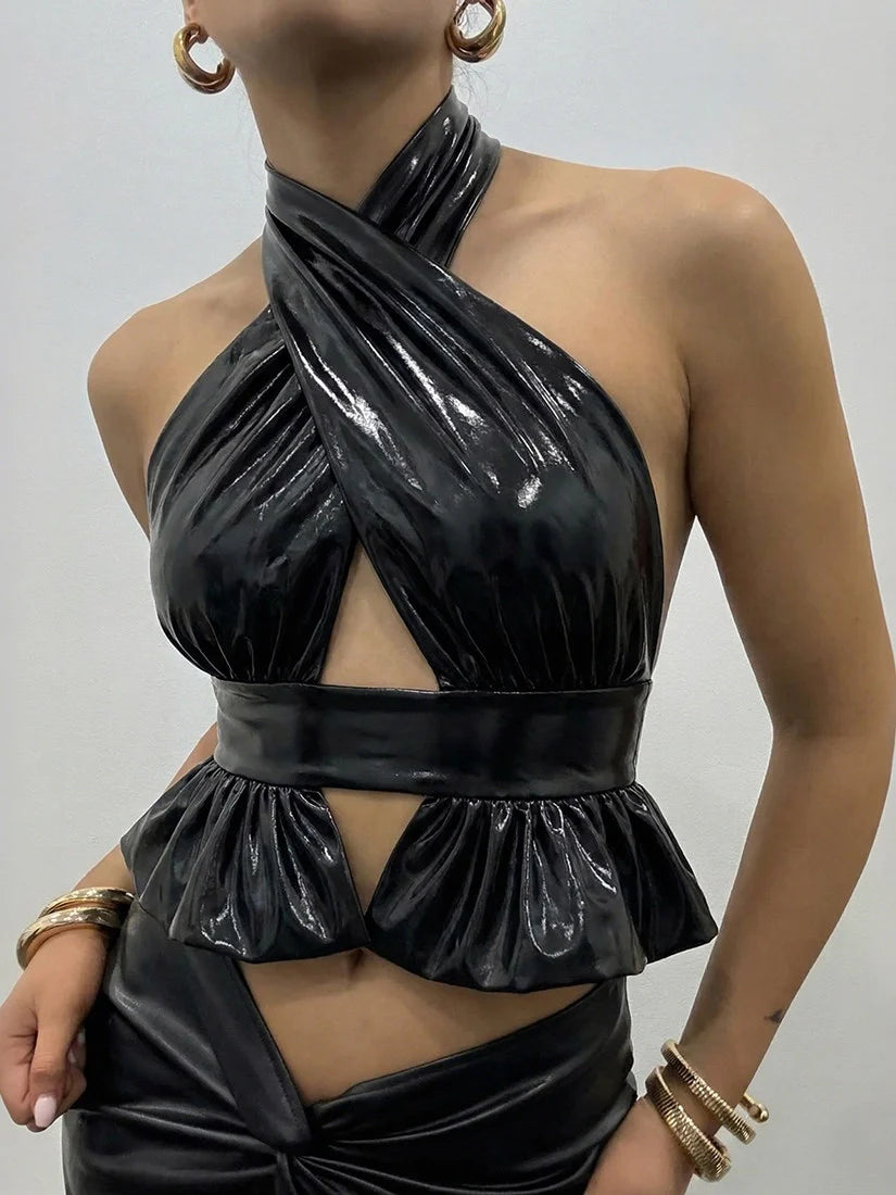 Zaria Cross-Neck Hollow-Out Halter Top