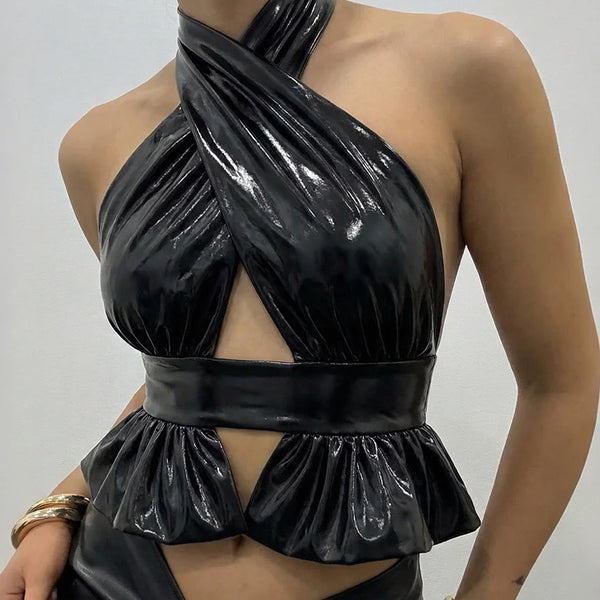 Zaria Cross-Neck Hollow-Out Halter Top