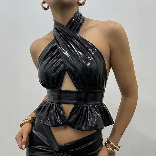 Zaria Cross-Neck Hollow-Out Halter Top