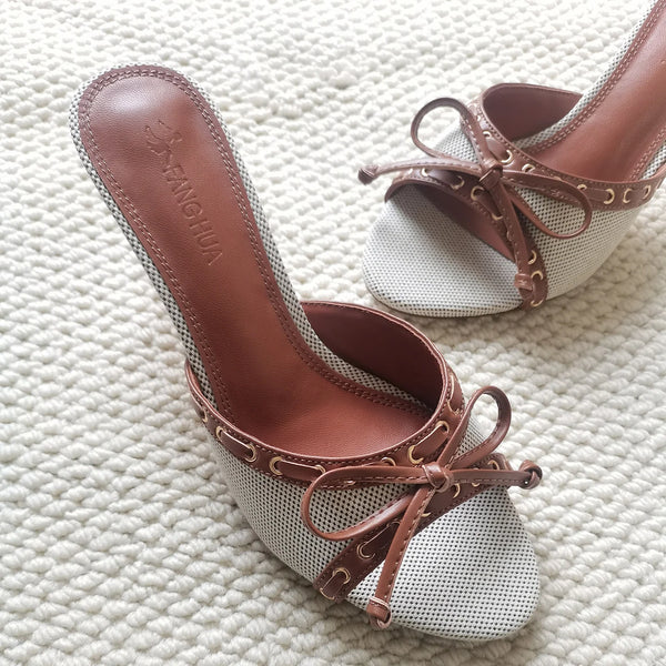 Denim Bow Open-Toe Heels