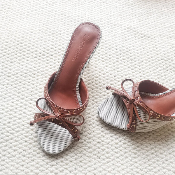 Denim Bow Open-Toe Heels