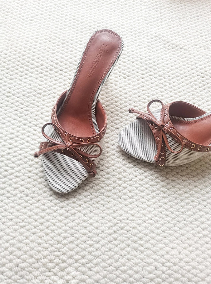 Denim Bow Open-Toe Heels