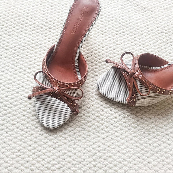 Denim Bow Open-Toe Heels