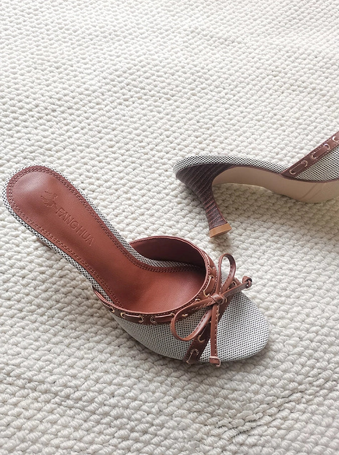 Denim Bow Open-Toe Heels