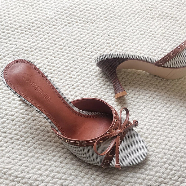 Denim Bow Open-Toe Heels