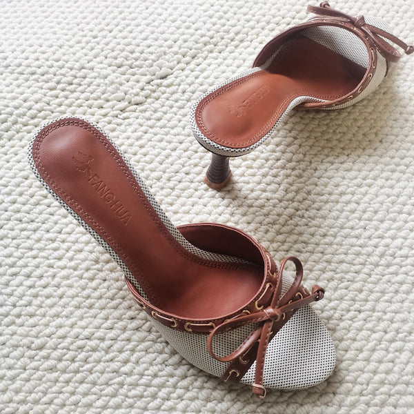 Denim Bow Open-Toe Heels