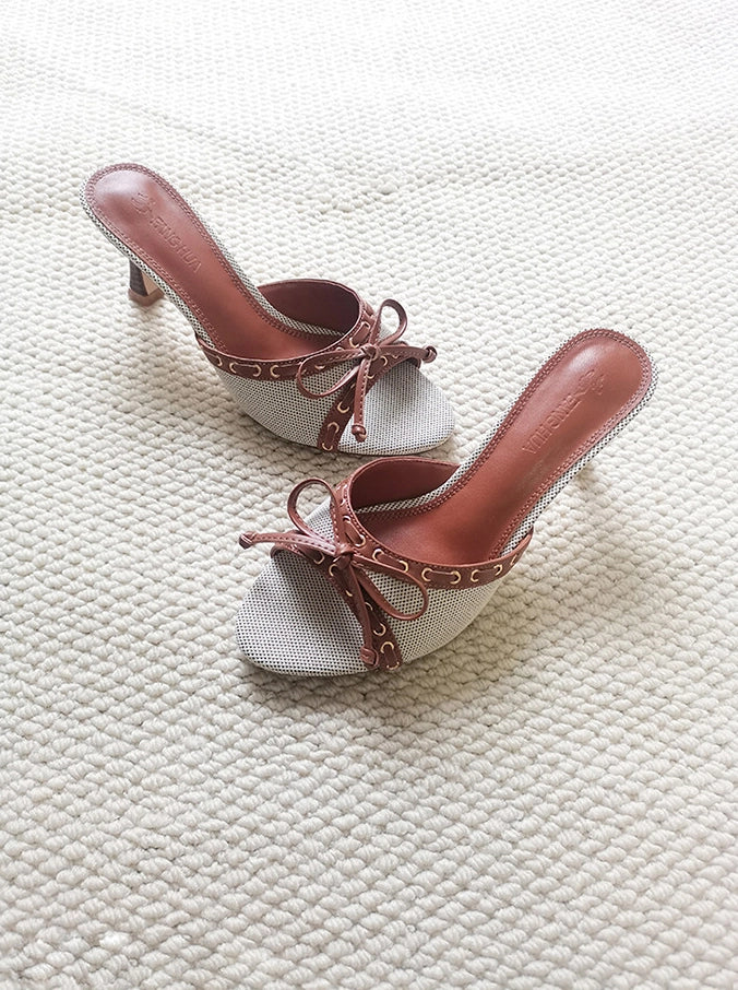 Denim Bow Open-Toe Heels