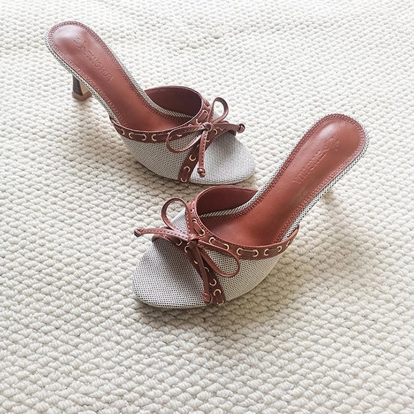 Denim Bow Open-Toe Heels