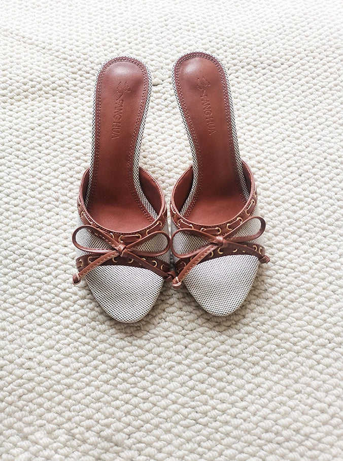 Denim Bow Open-Toe Heels