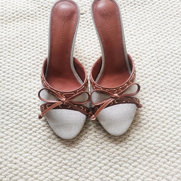 Denim Bow Open-Toe Heels