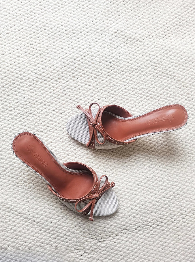 Denim Bow Open-Toe Heels
