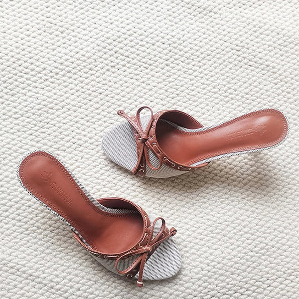 Denim Bow Open-Toe Heels