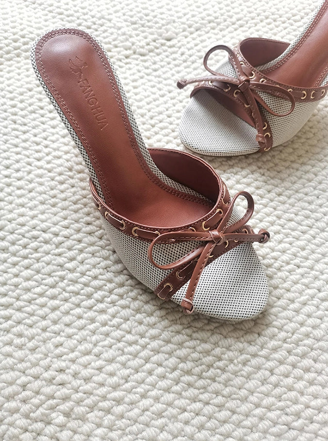 Denim Bow Open-Toe Heels