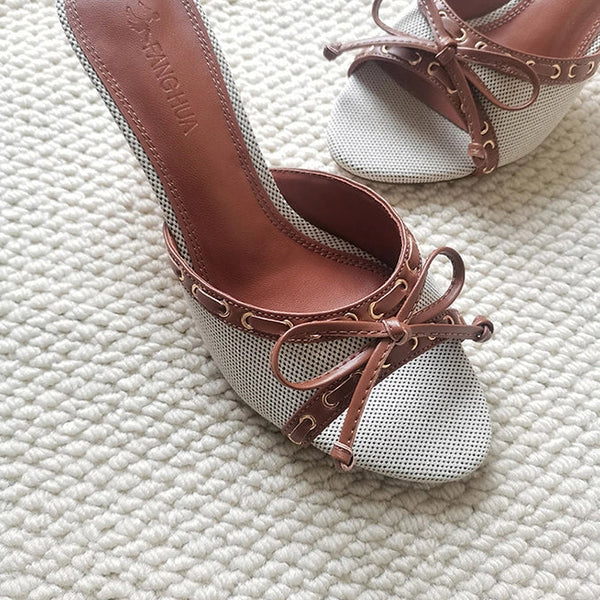 Denim Bow Open-Toe Heels
