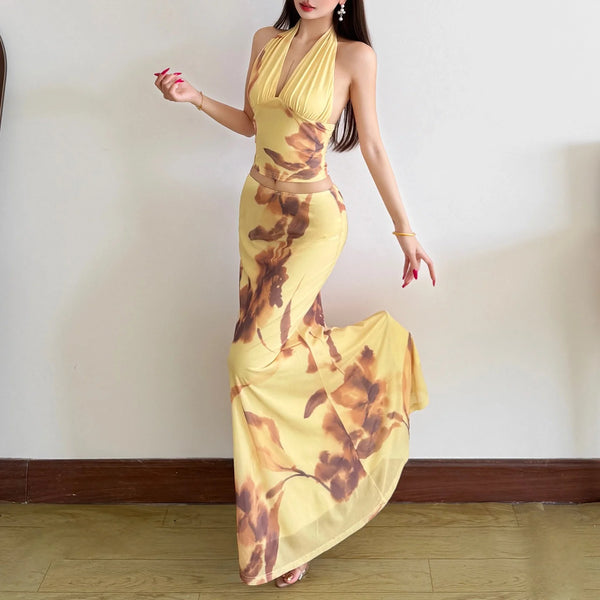 Aurea Floral Halter Two-Piece Skirt Set