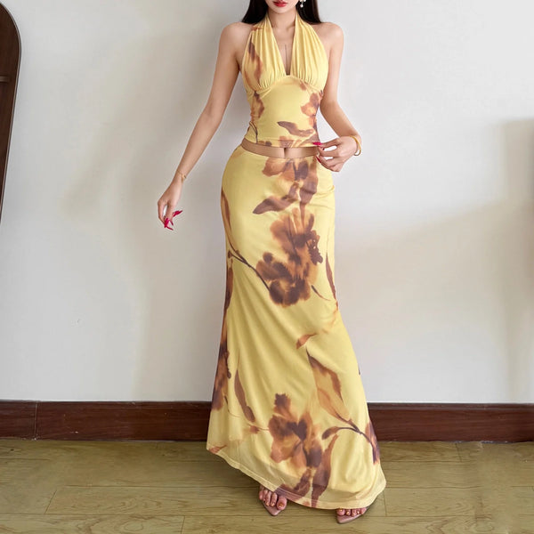 Aurea Floral Halter Two-Piece Skirt Set