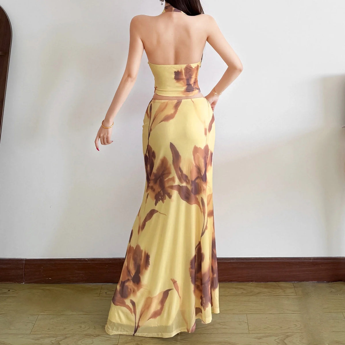 Aurea Floral Halter Two-Piece Skirt Set