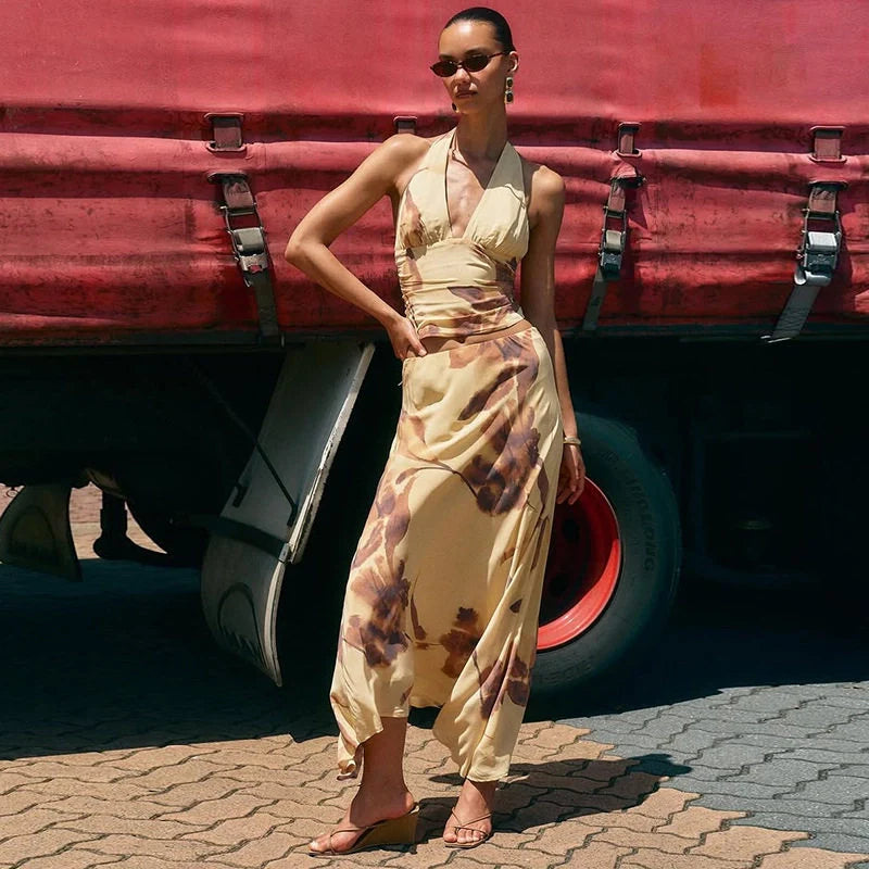 Aurea Floral Halter Two-Piece Skirt Set