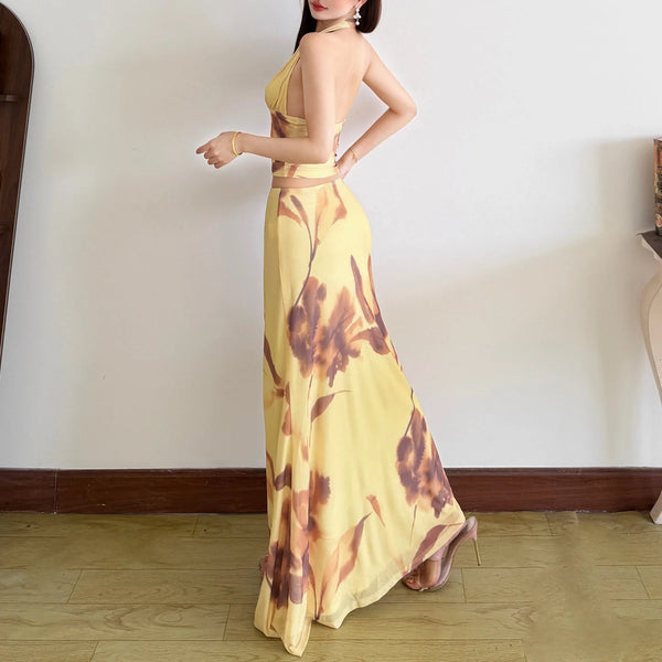 Aurea Floral Halter Two-Piece Skirt Set