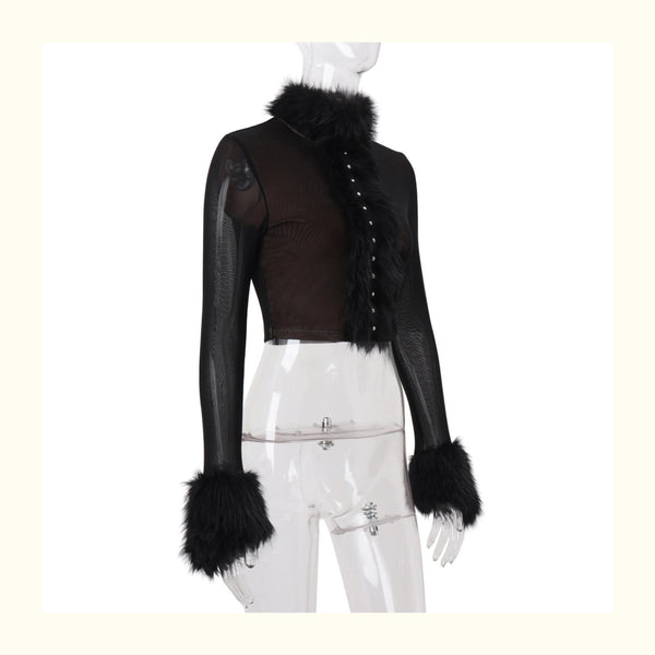 Fur Collar Mesh Splicing Top