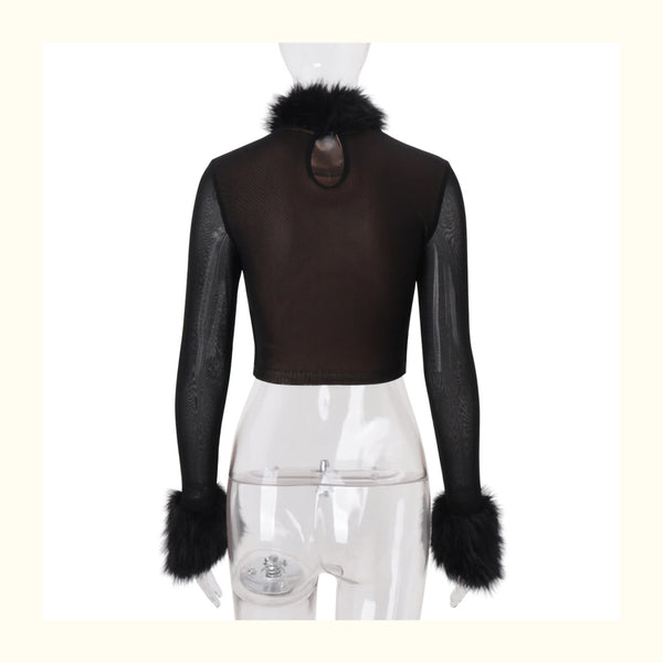 Fur Collar Mesh Splicing Top