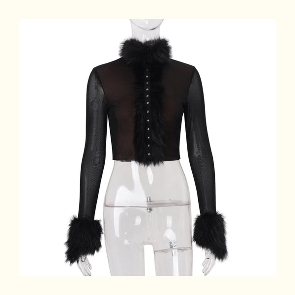 Fur Collar Mesh Splicing Top