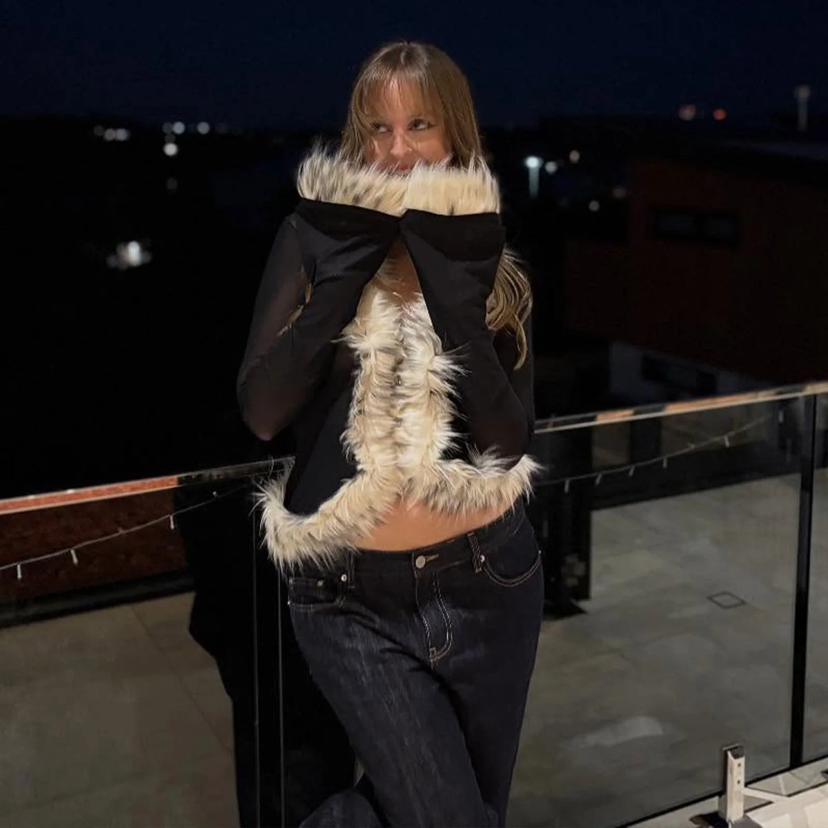 Fur Collar Patchwork Cardigan Top