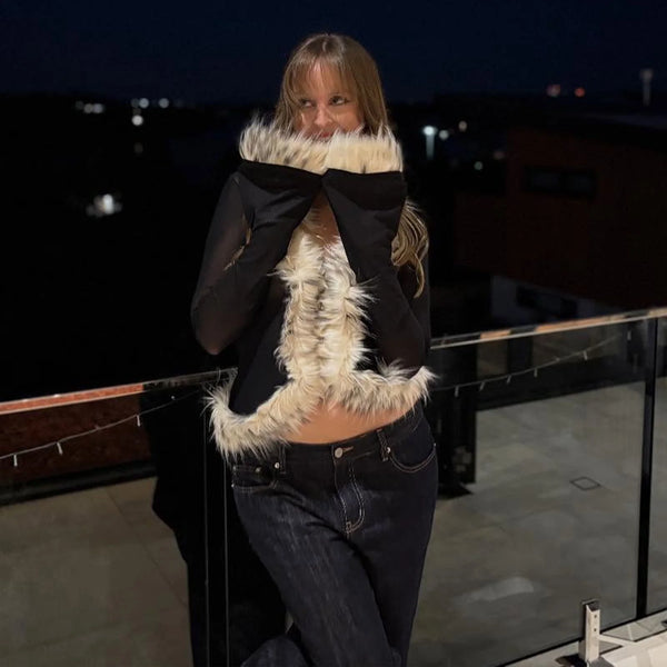 Fur Collar Patchwork Cardigan Top
