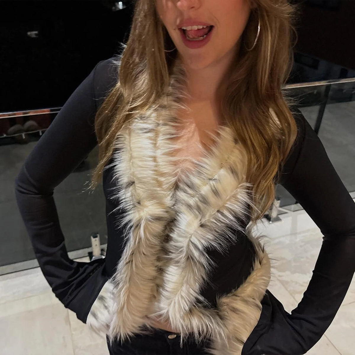 Fur Collar Patchwork Cardigan Top
