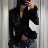 Fur Collar Patchwork Cardigan Top [95R1TG7V]