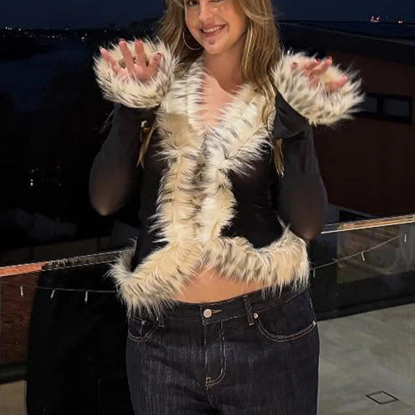Fur Collar Patchwork Cardigan Top