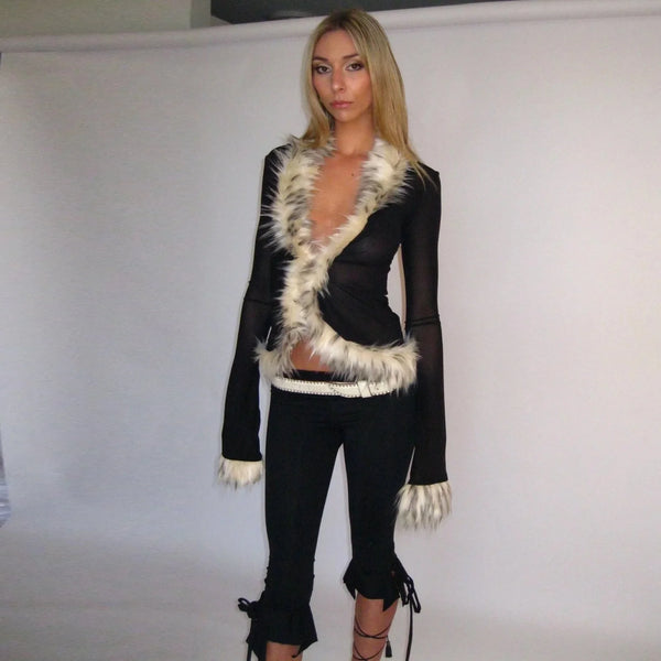 Fur Collar Patchwork Cardigan Top
