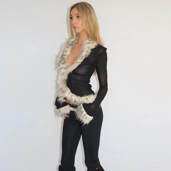 Fur Collar Patchwork Cardigan Top