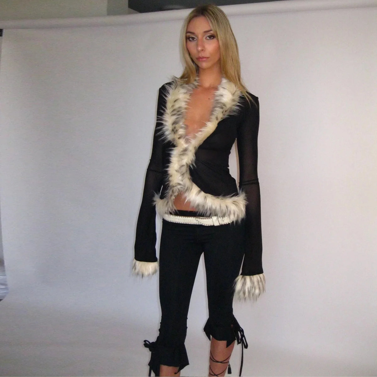 Fur Collar Patchwork Cardigan Top