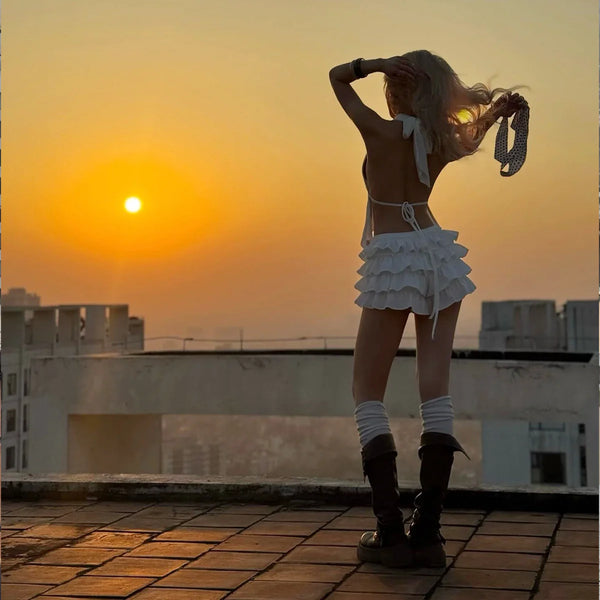 Furry Halter Ruffle Short Set