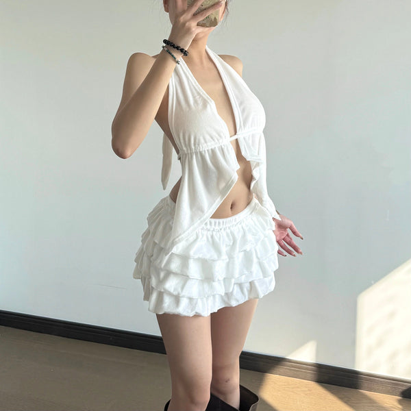 Furry Halter Ruffle Short Set