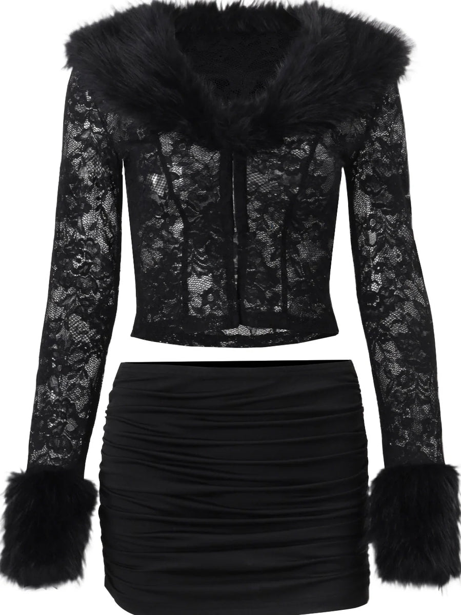Furry V-Neck Skirt Set