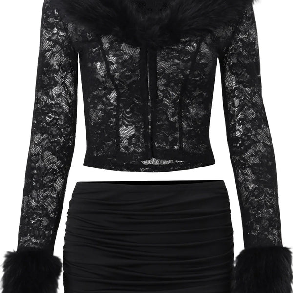 Furry V-Neck Skirt Set