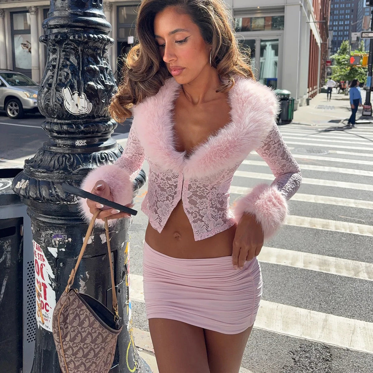 Furry V-Neck Skirt Set