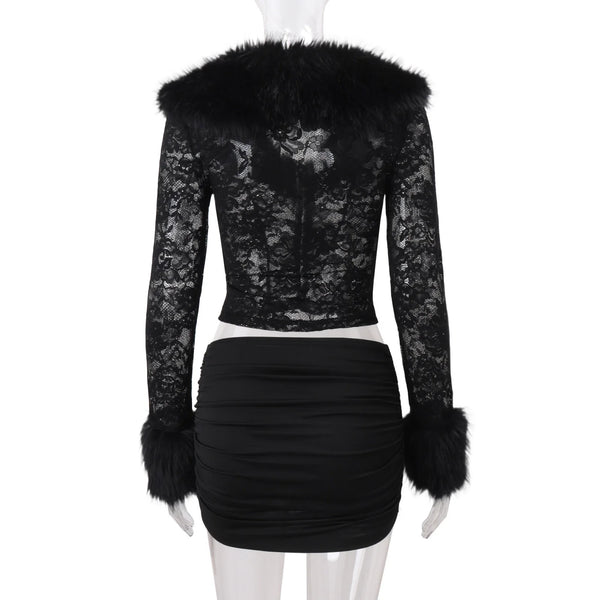 Furry V-Neck Skirt Set