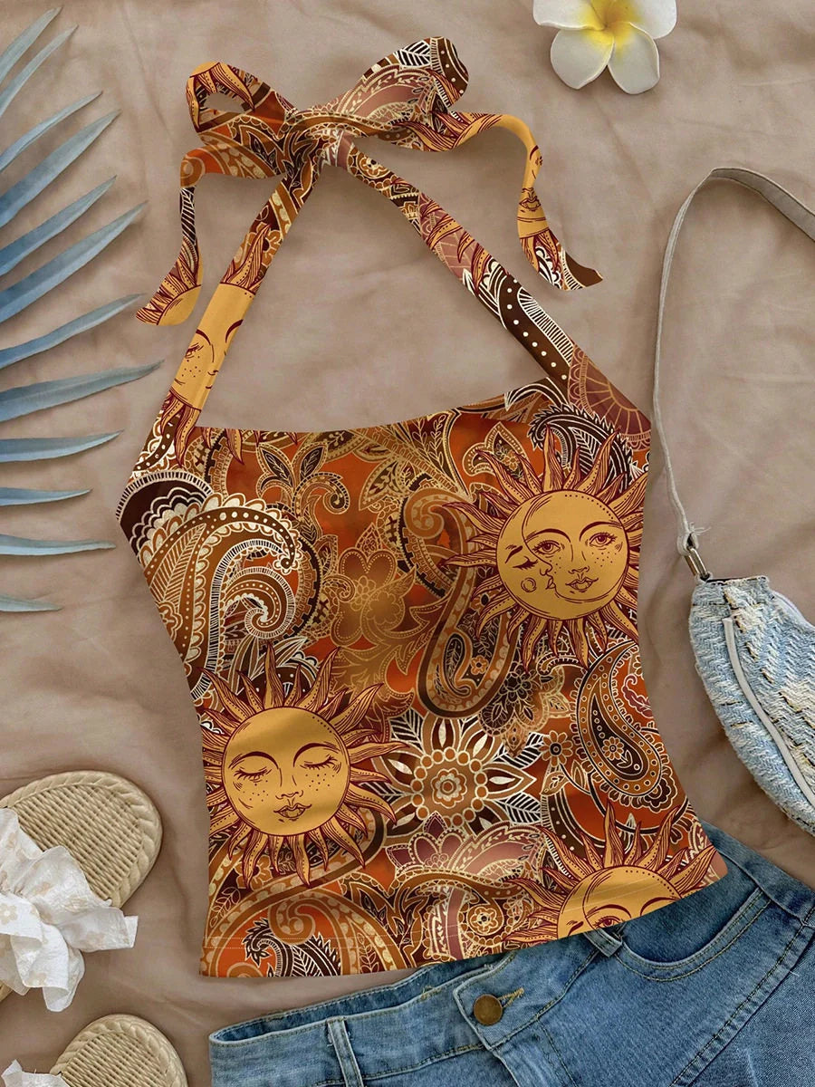 Halter Neck Printed Crop Top