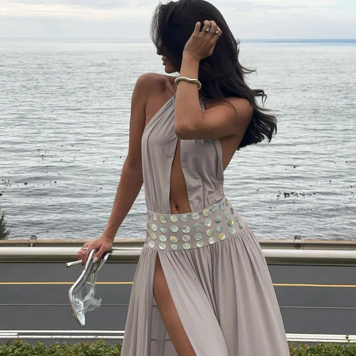 Kaelith Hollow-Out Halter Slit Maxi Dress
